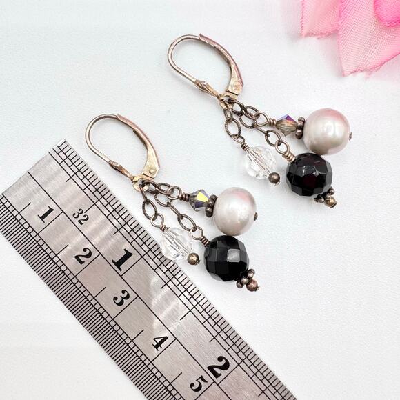 925 Sterling Silver Pearl Crystal Glass Earrings Beaded Cha Cha Holiday Patina - Picture 9 of 12